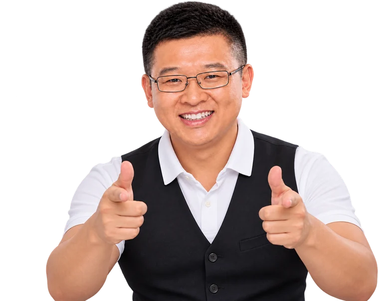 Ian Gong, smiling and pointing with both hands